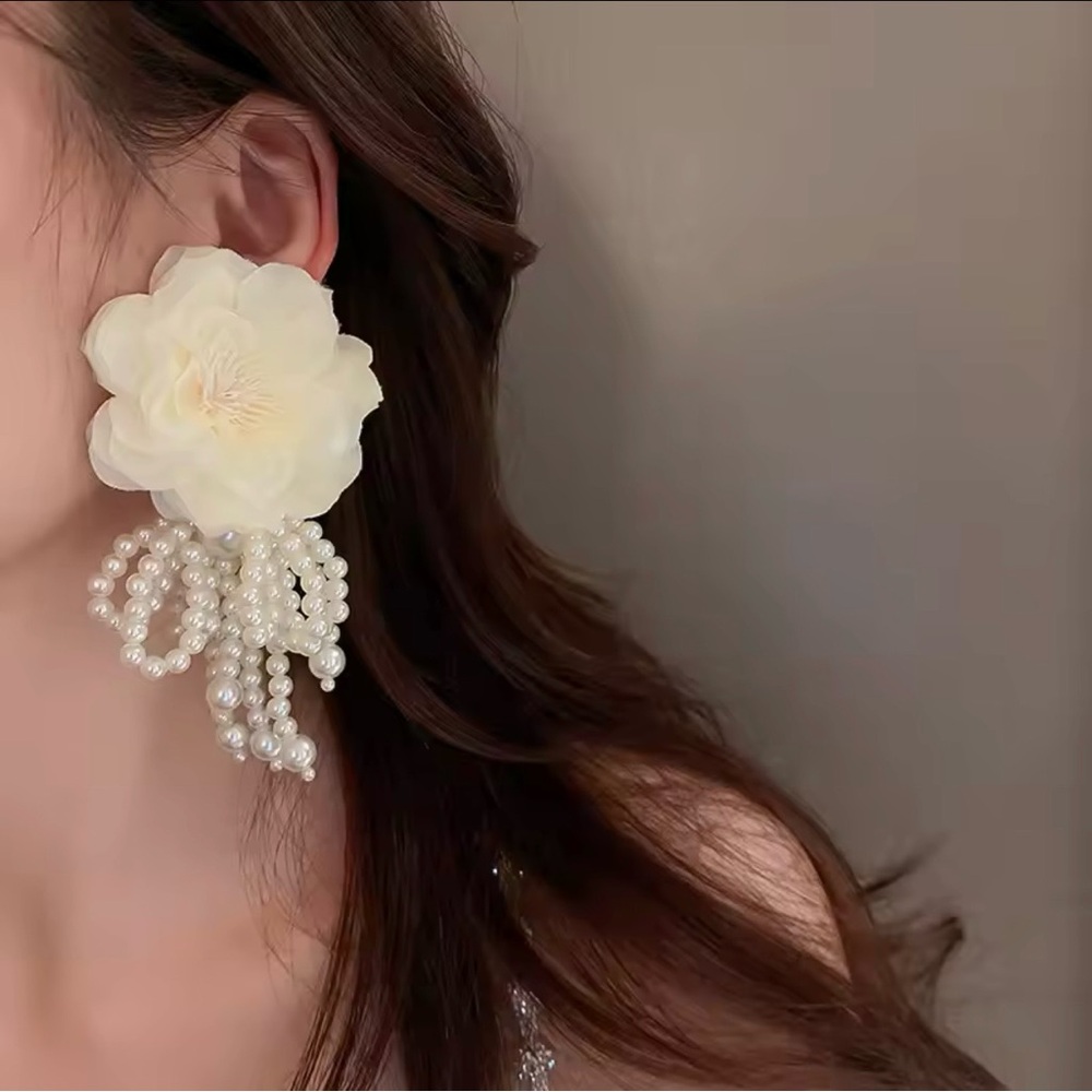 Bohemian White / Pink Big fabric Flower Earrings Pearl Bowknot Tassel Handmade